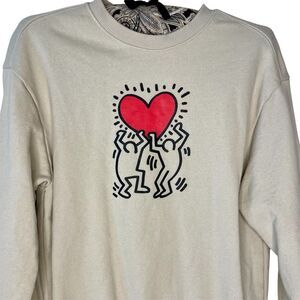 Keith Haring H&M Sweatshirt Heart Graphic Pullover Crewneck Tan Beige Size XS